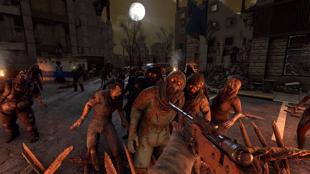 Blood Moon horde charging a 7 Days to Die survivor — zombie speed and rage tuning is one of the Sandbox Siege option categories