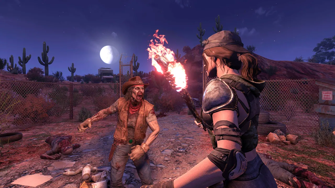 7 Days to Die survivor lighting a torch at night — Sandbox Siege challenge modes include headshots-only and Romero-style shambler zombies