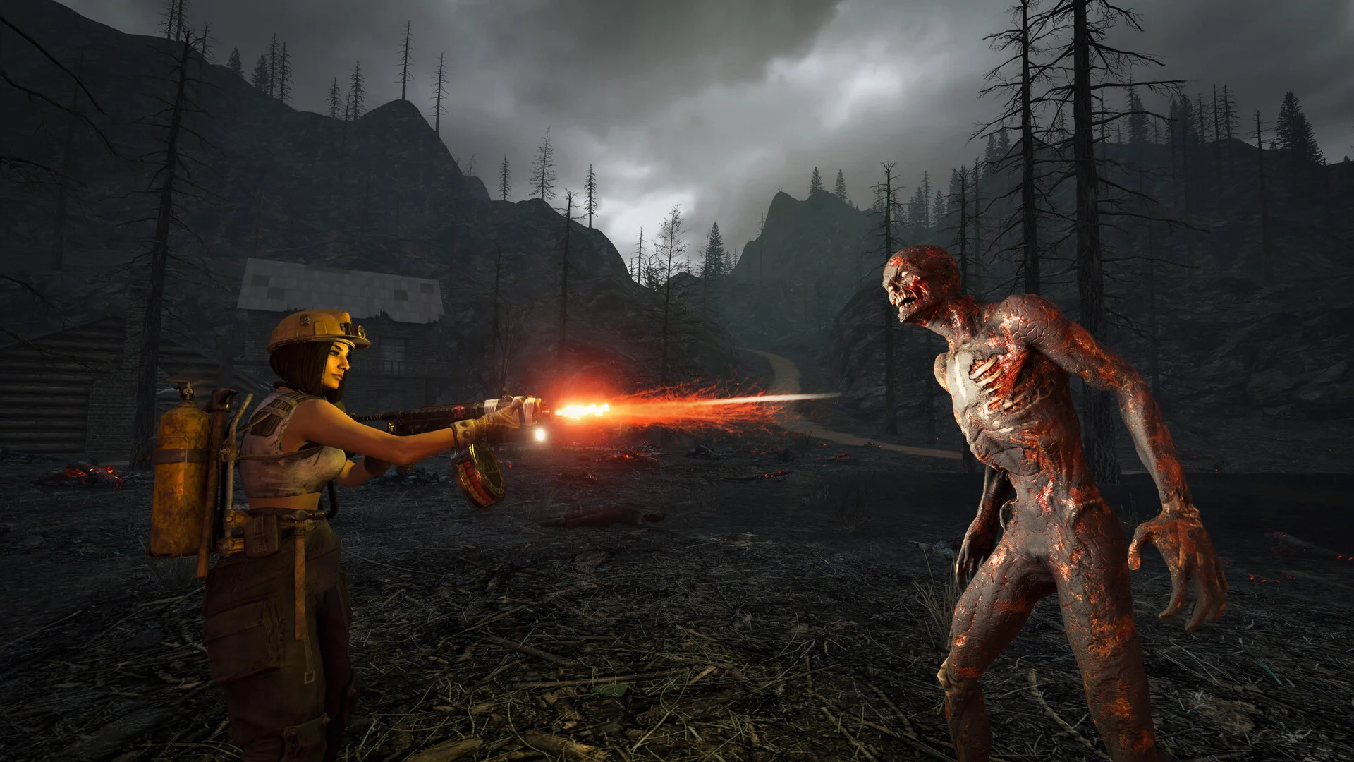 7 Days to Die survivor with a flamethrower facing a zombie in the Burnt Forest