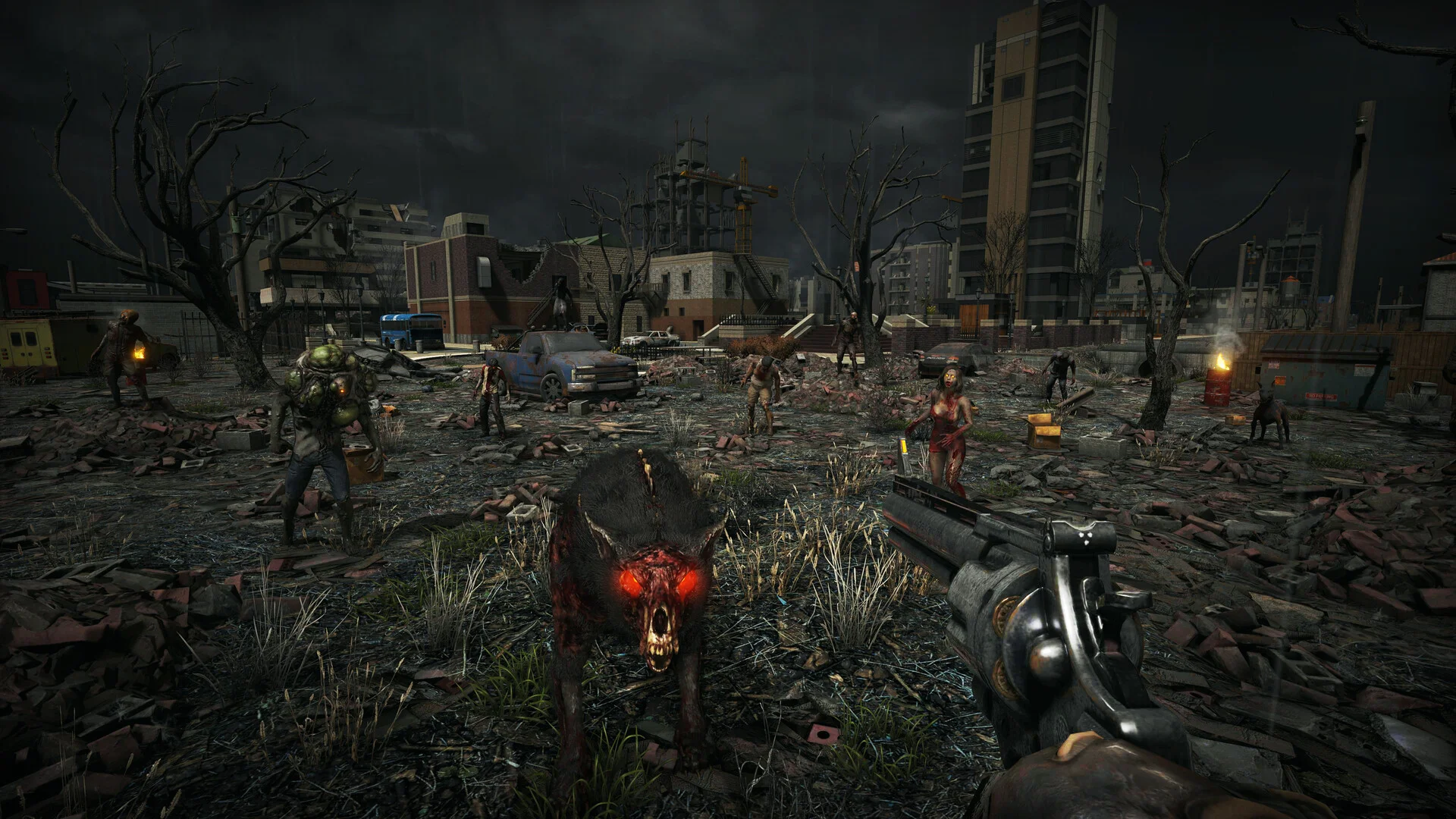 7 Days to Die survivor with a revolver in a ruined Wasteland city at night