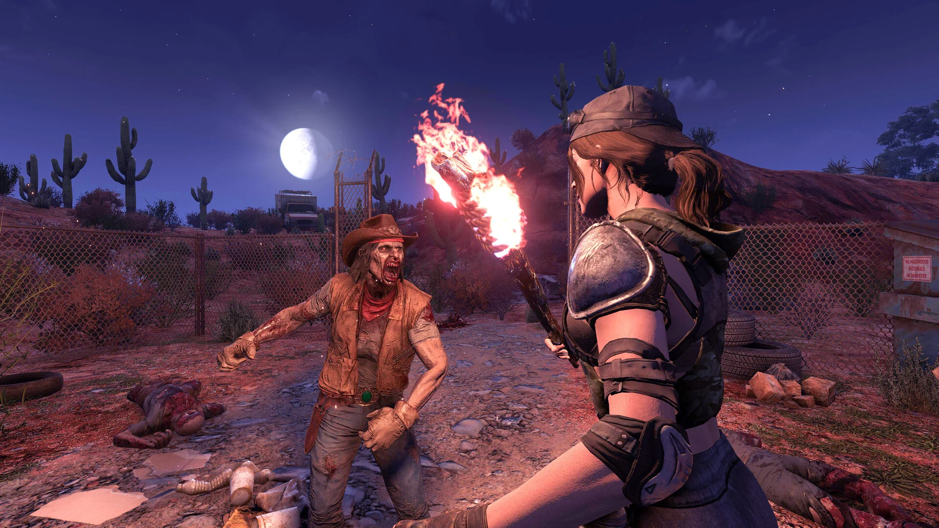 Spelare som slåss mot en Blood Moon-horde på natten i 7 Days to Die