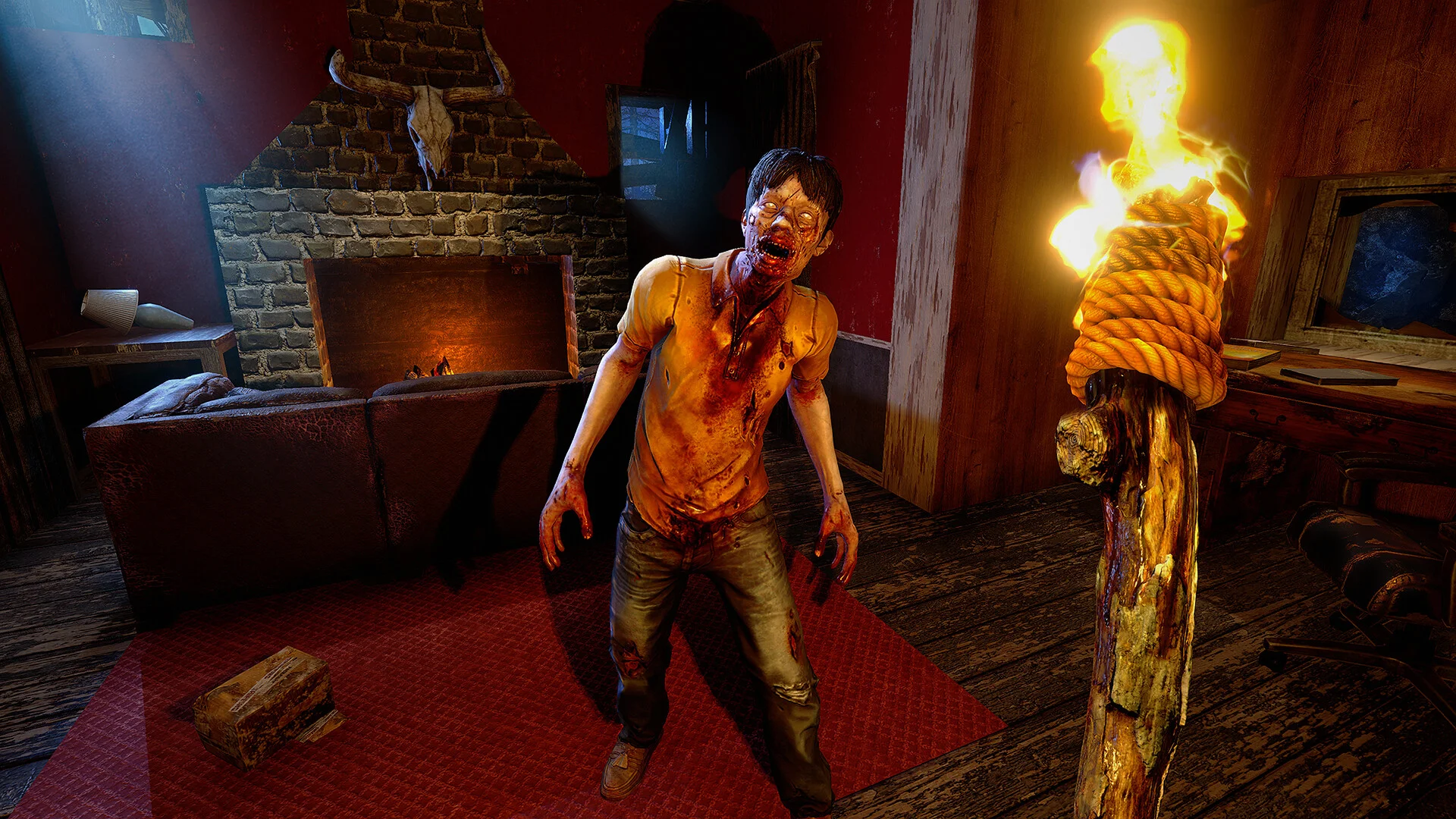 7 Days to Die POI-interiör med en brinnande zombie