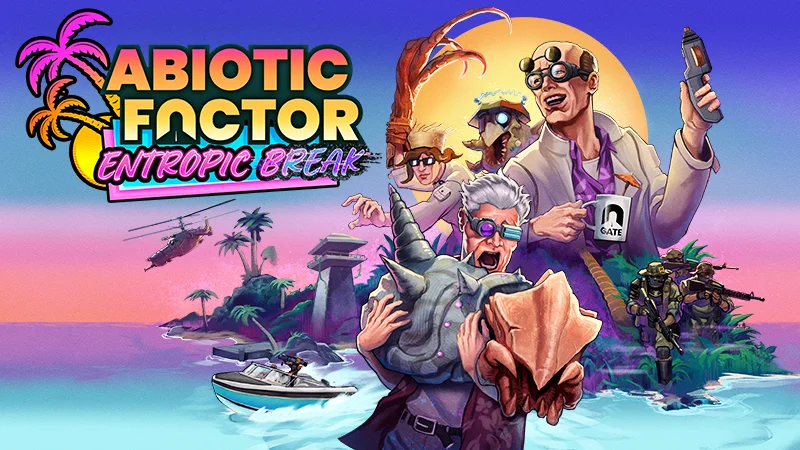 Abiotic Factor Entropic Break -kuvitus, jossa tutkijat ovat trooppisella saarella