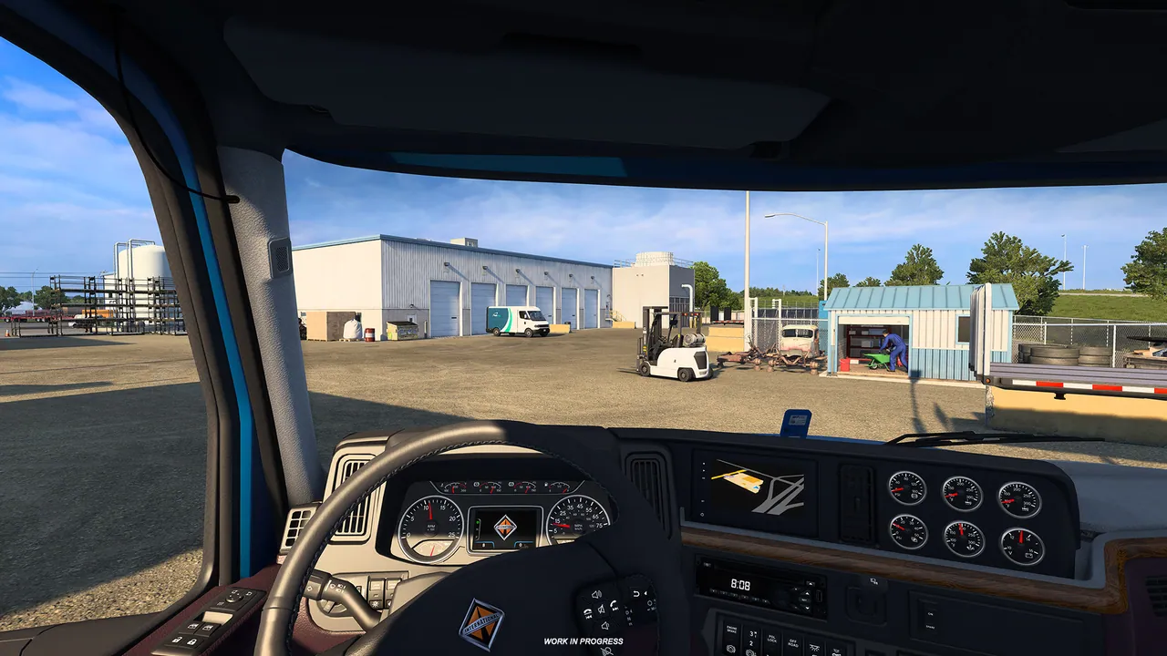 First-person cab view arriving at a South Dakota industrial delivery yard, ATS DLC