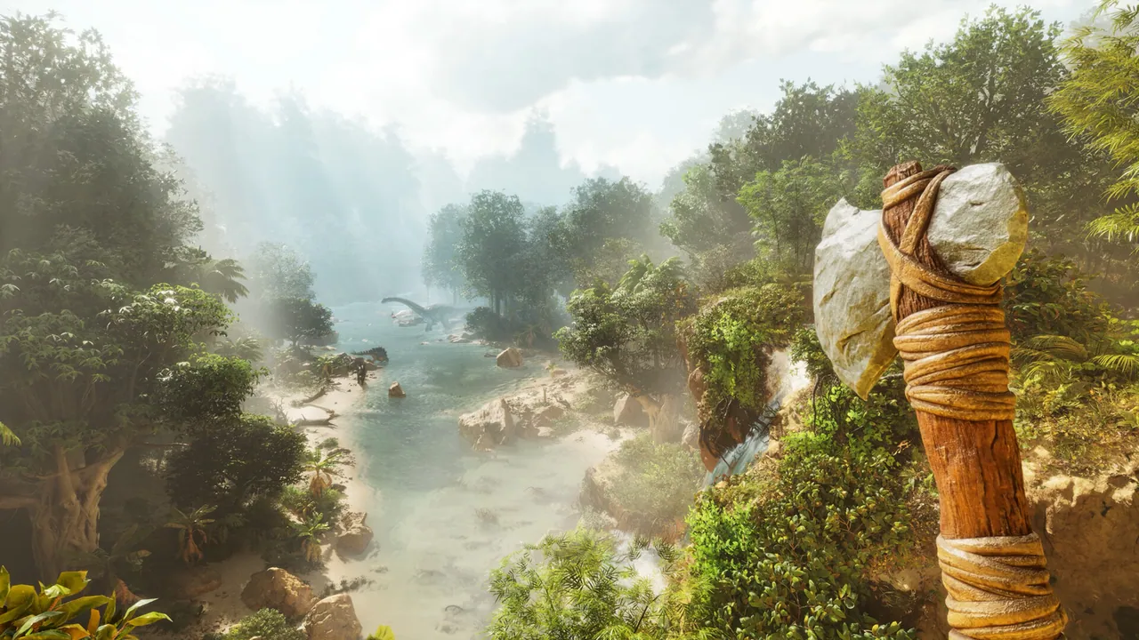 ARK Survival Ascended vand-vista med dinosaurer og jungle