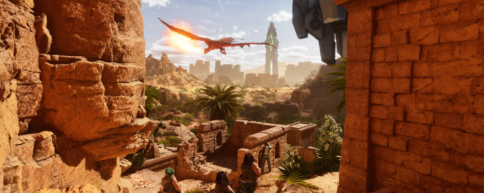 Ocalali z ARK: Survival Ascended obserwują ziejącego ogniem wyverna nad pustynnymi ruinami
