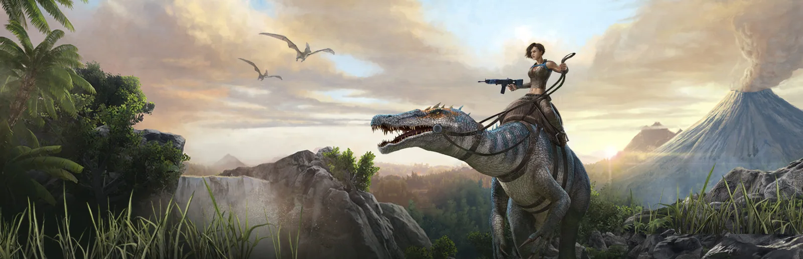ARK: Survival Evolved spiller på en Raptor på The Island med vulkan og Pteranodons i baggrunden