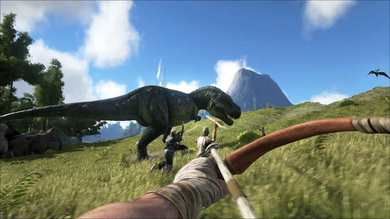 To ARK spillere og en Raptor nær en obelisk beacon i Island biomen