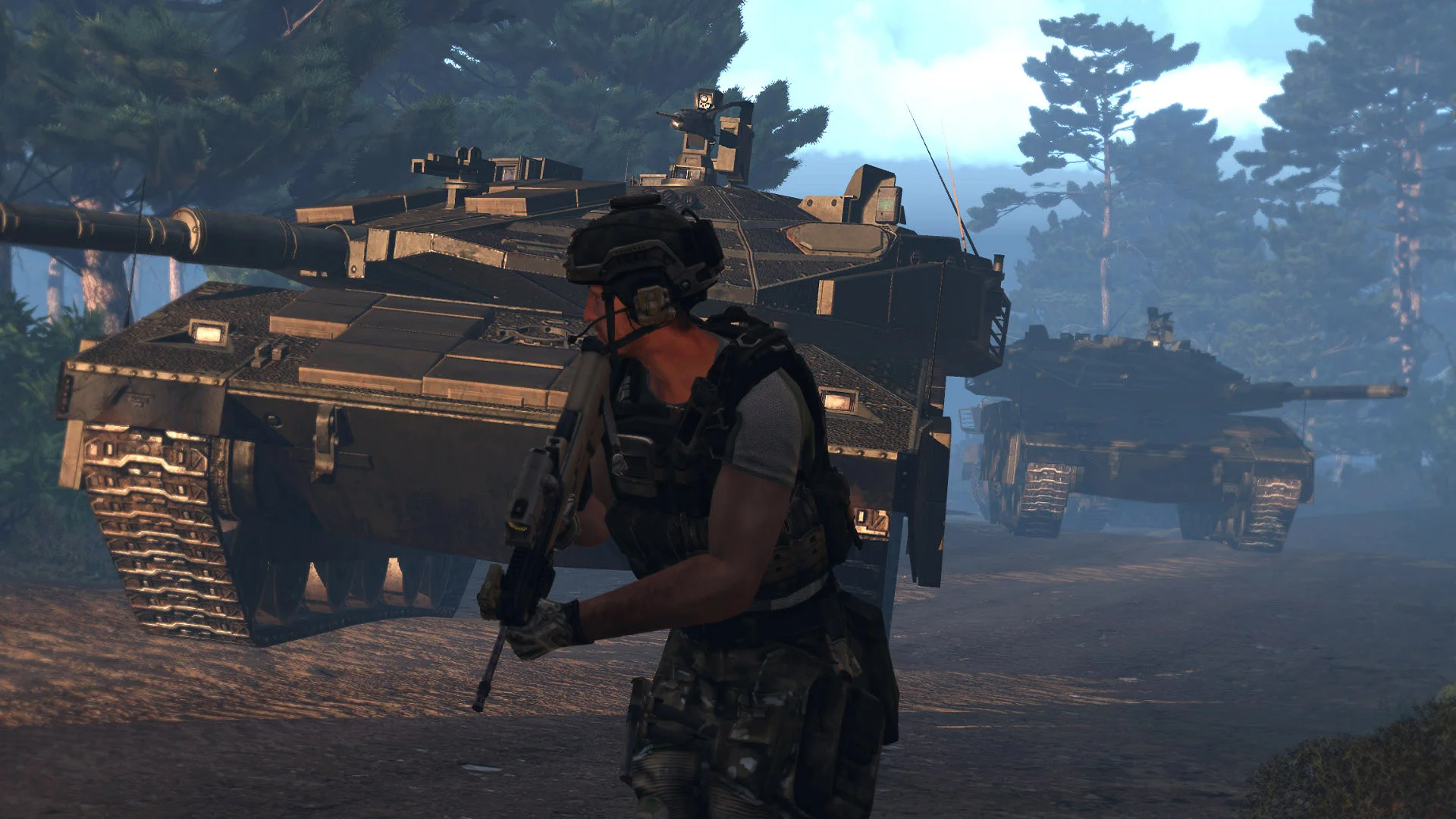 Kolumna pancerna Arma 3 przejeżdżająca o zmierzchu przez sosnowy las