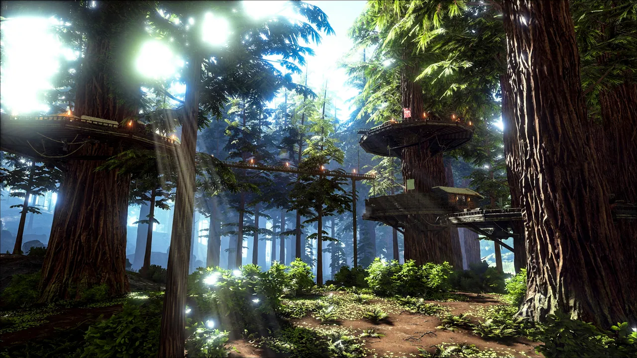 ARK base building inside redwood treetops with elevated wooden platforms and walkways