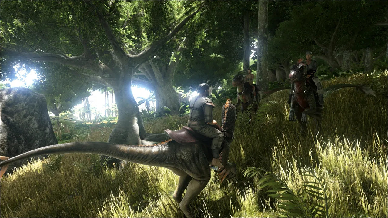 ARK survival players riding a tamed Parasaur through deep forest with multiple riders following behind