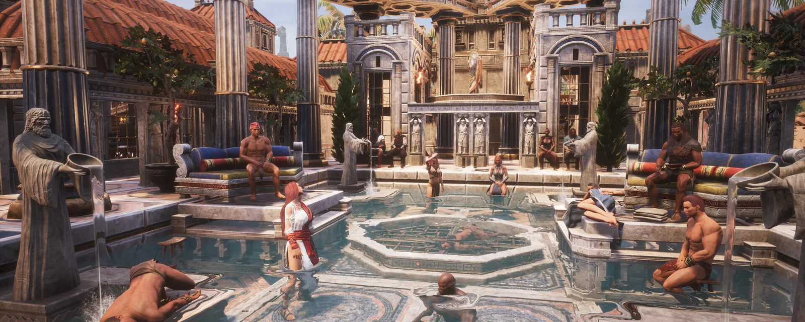 Okazały dziedziniec pałacu z piaskowca w Conan Exiles