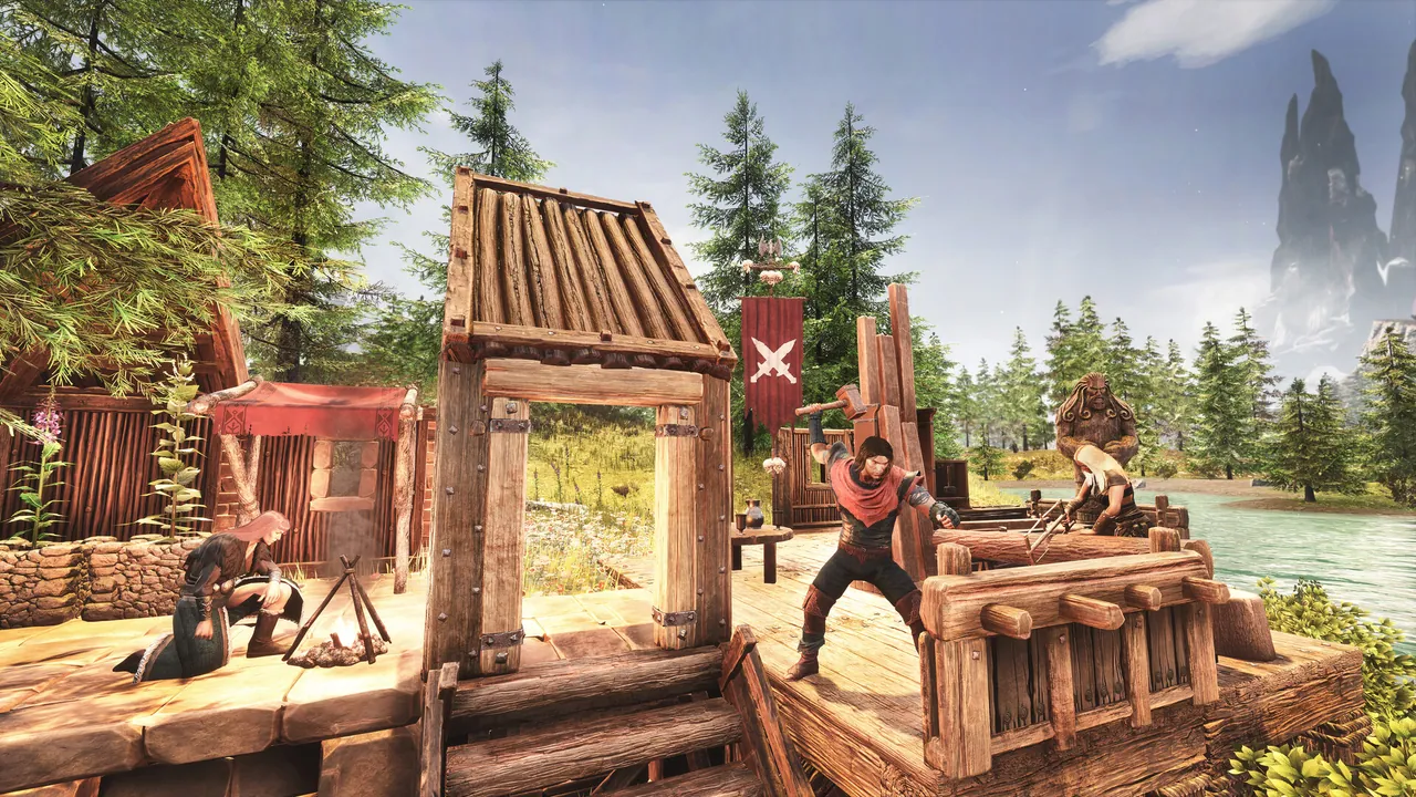 Conan Exiles bas byggd vid vatten med thrall