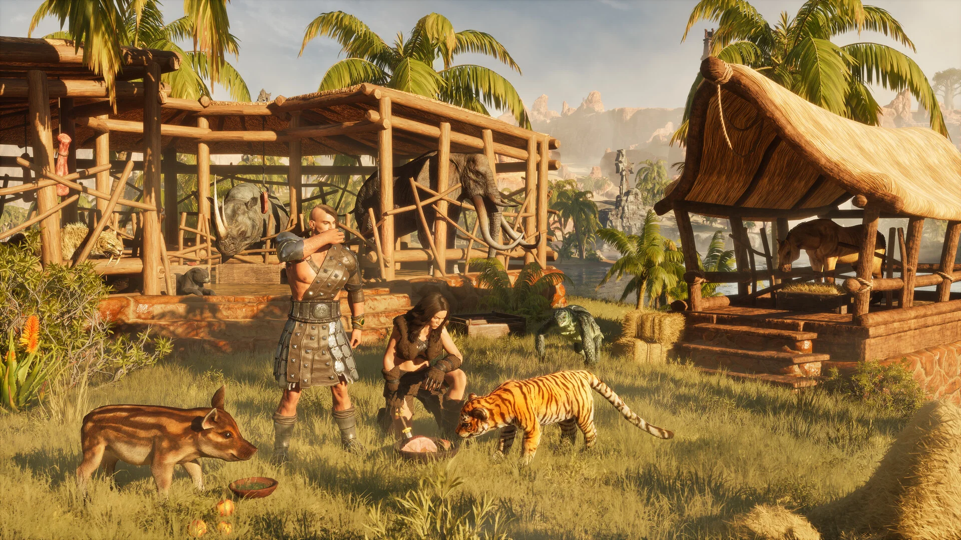 Conan Exiles-ökenläger med tämjda djur och spelare vid crafting-konstruktioner i trä