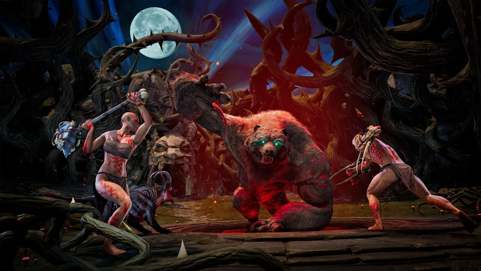 Conan Exiles-spelare slåss mot ett korrumperat odjur under en Purge på natten