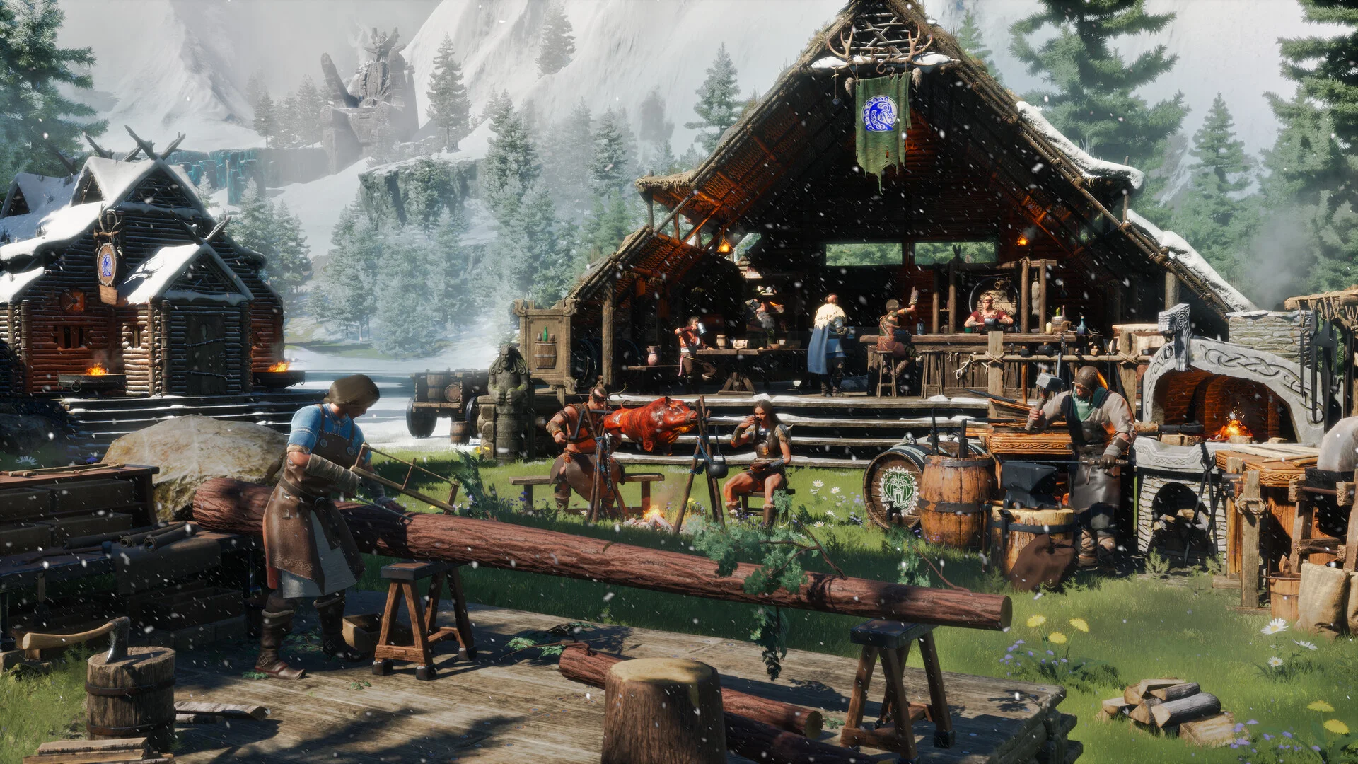 Conan Exiles-bosättning med thralls vid crafting-stationer i ett snötäckt Nordheimer-läger