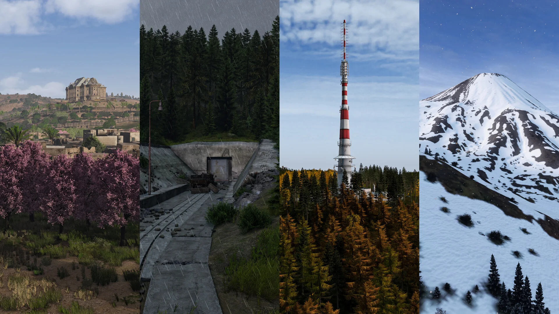 DayZ Badlands-kollasj med Livonia om sommeren, Chernarus om høsten og Sakhal om vinteren ved siden av Nasdara