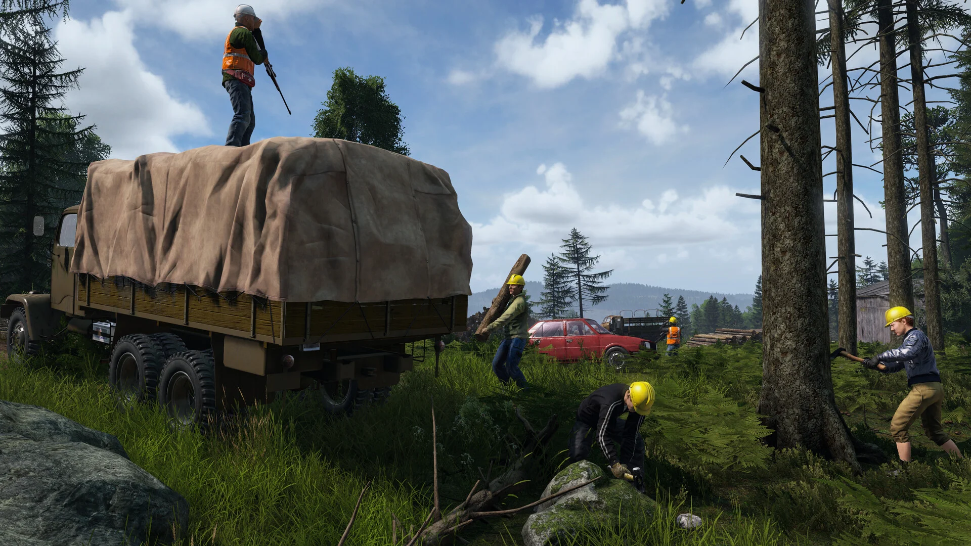 Överlevare vid en täckt militärlastbil i en skog i DayZ