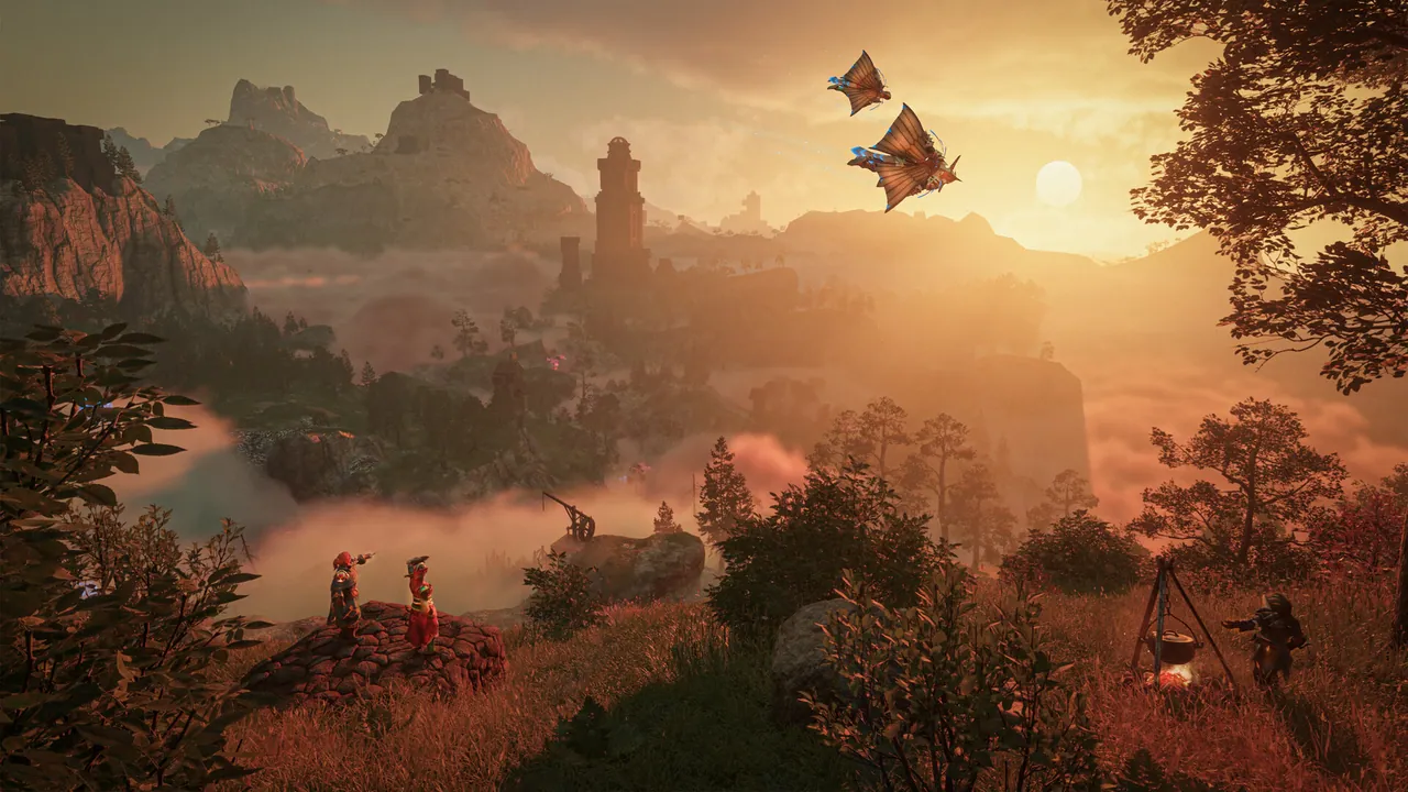 Enshrouded sunset vista with two gliding players overlooking a ruined fortress