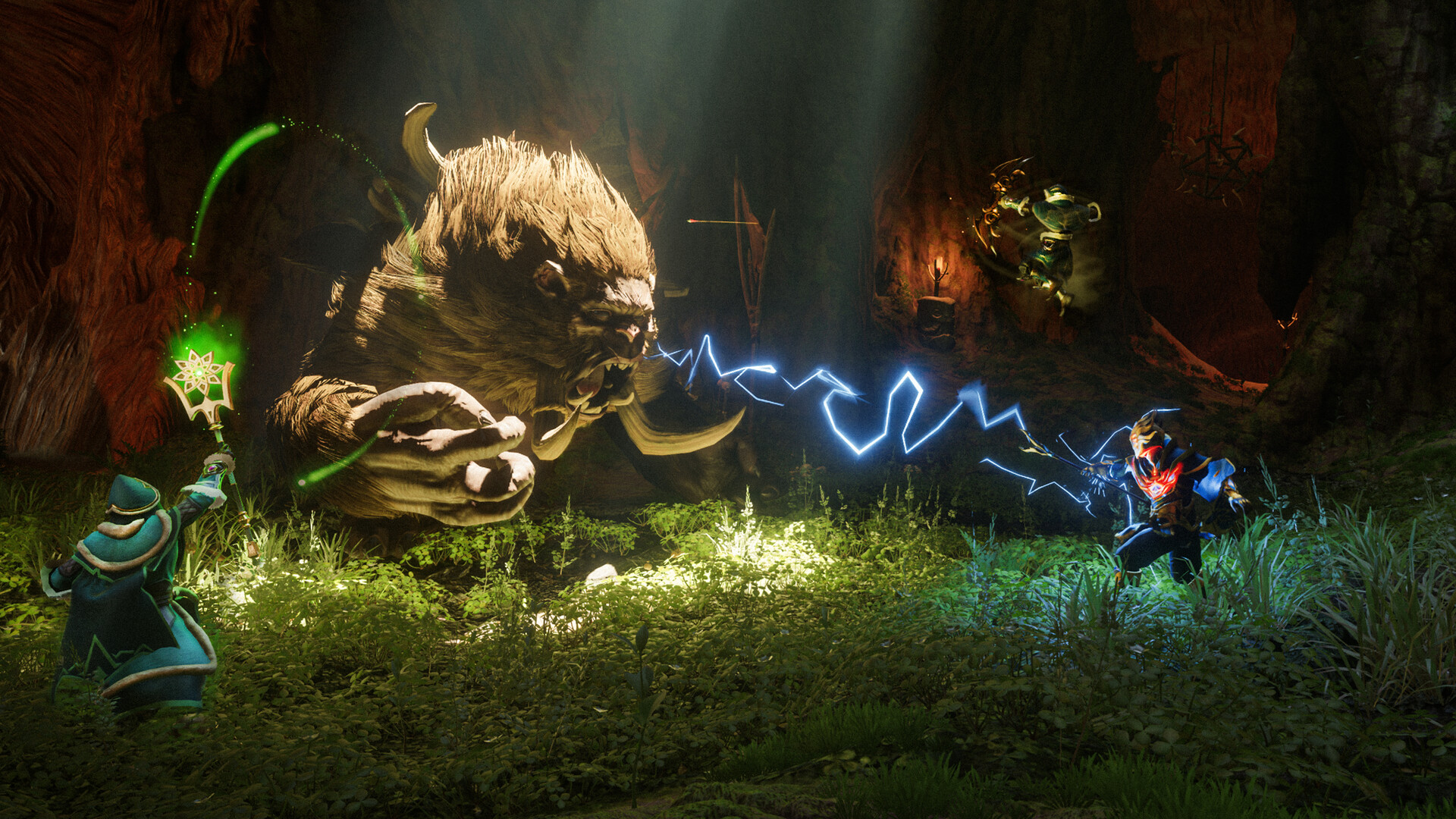 Enshrouded combat — a mage and warrior fighting a massive creature in the Shroud