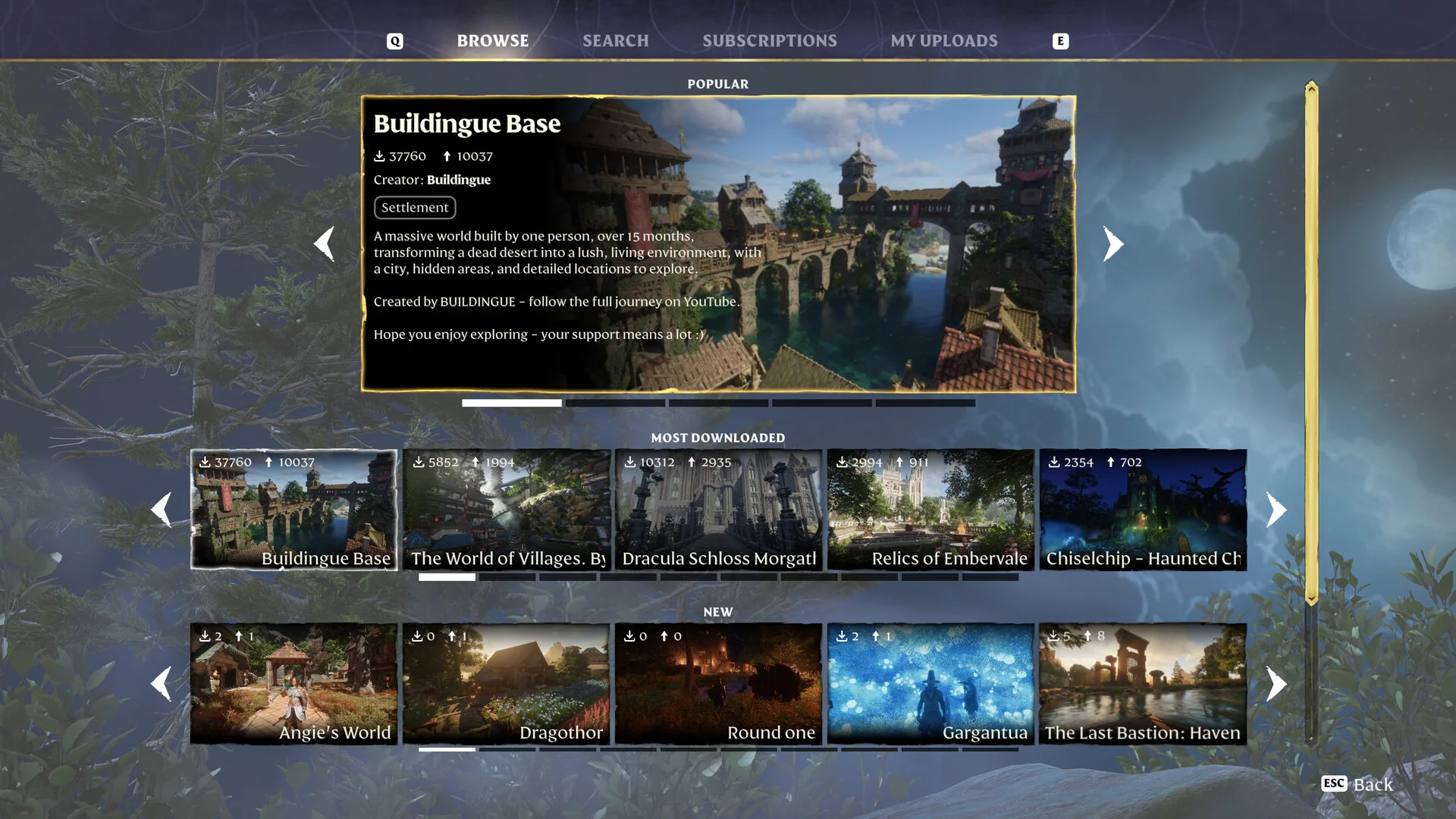 Przeglądarka adventure sharing w Enshrouded z popularnymi i najczęściej pobieranymi światami graczy