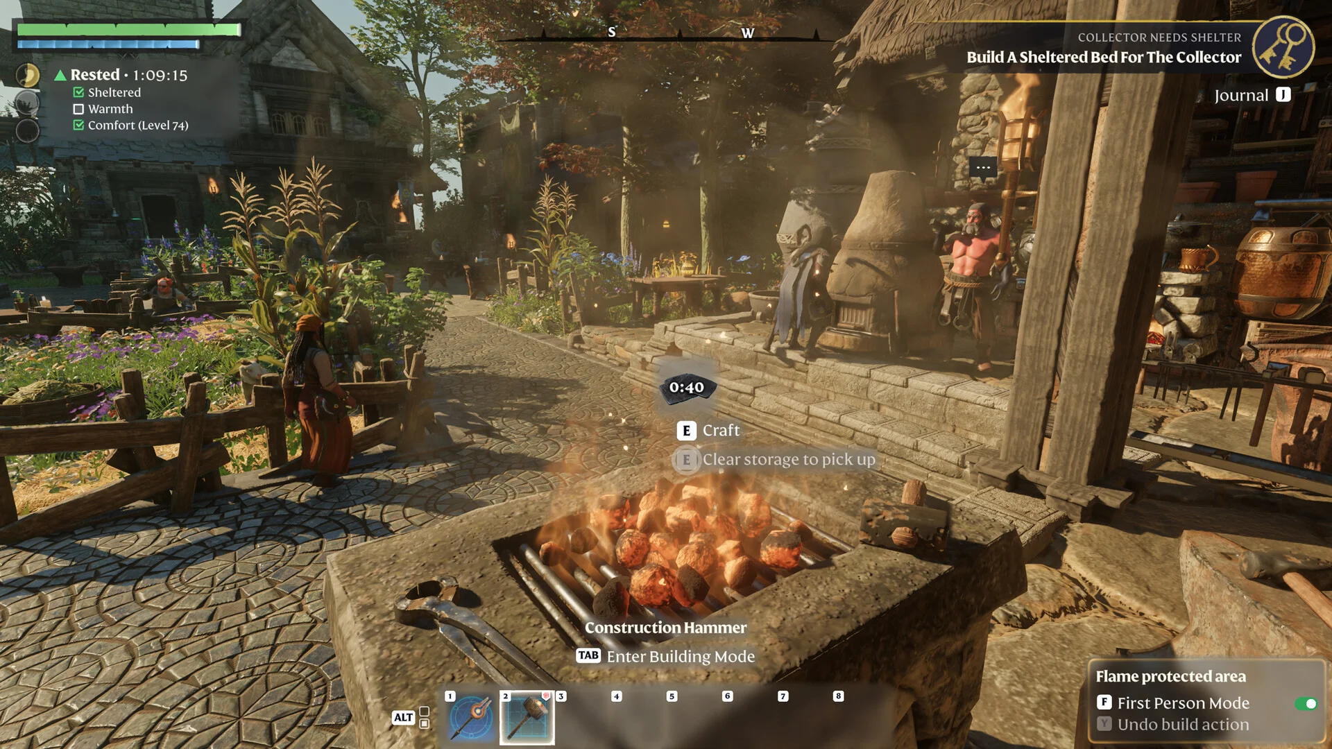 En Enshrouded-base inde i et flame protected area med artisan-NPC'er der arbejder og comfort-niveauet synligt