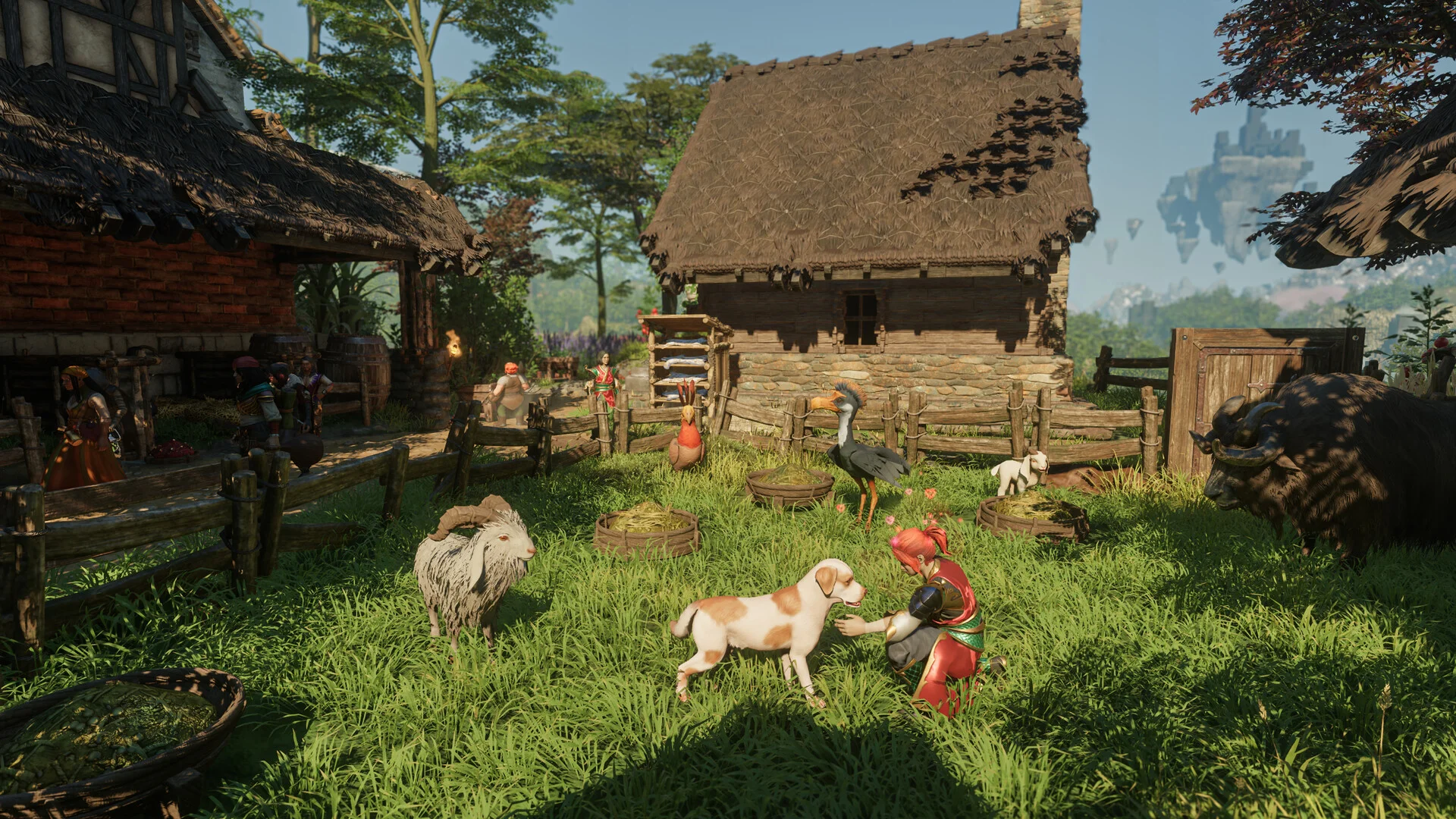En etableret Enshrouded-gård med husdyr, artisan-NPC'er og spillerbyggede huse