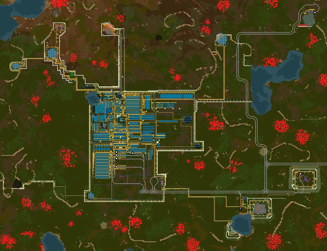 Factorio team LAN playtest factory at end of day one