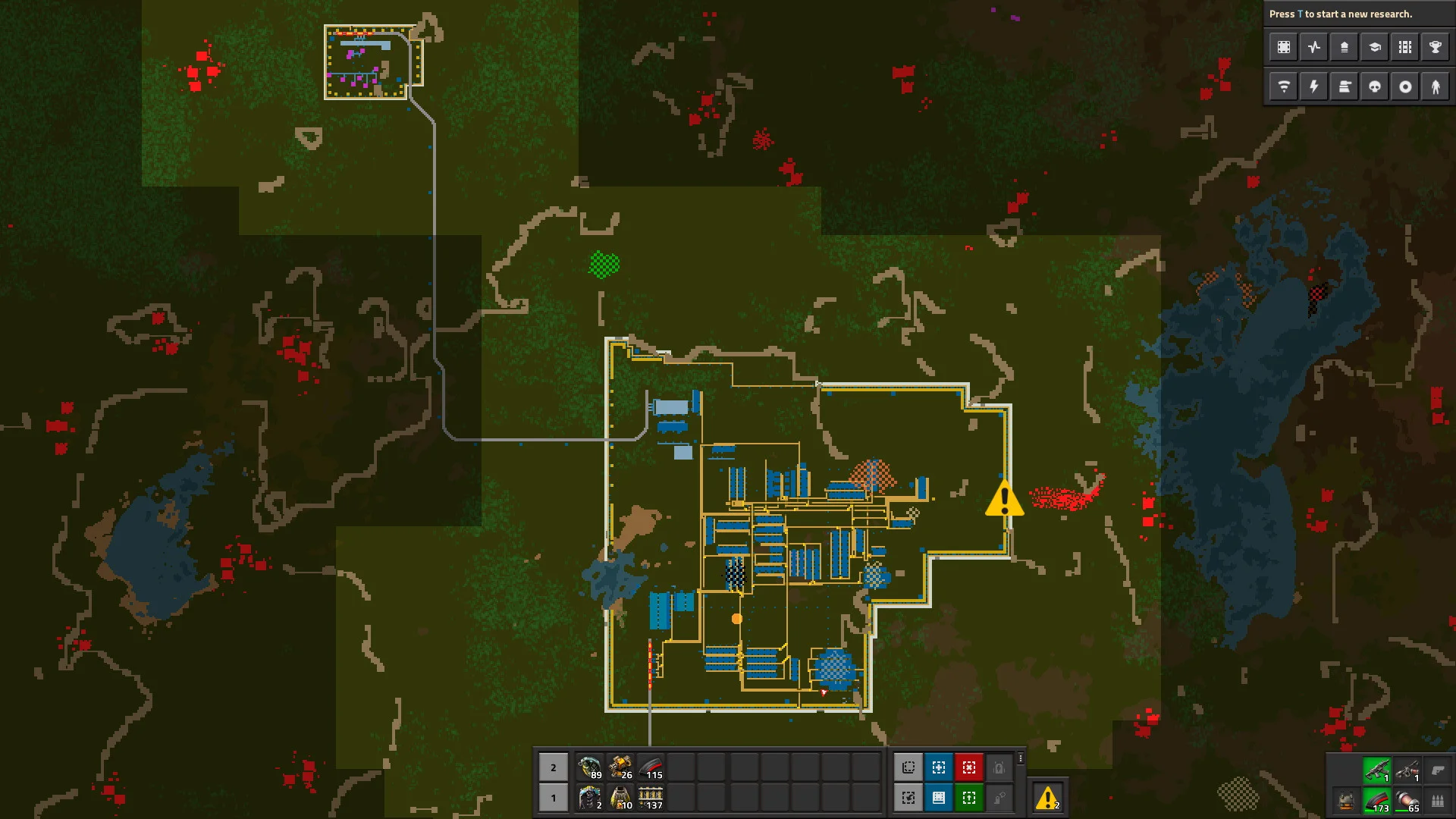Factorio-kartvy med hela baslayouten och utforskat område
