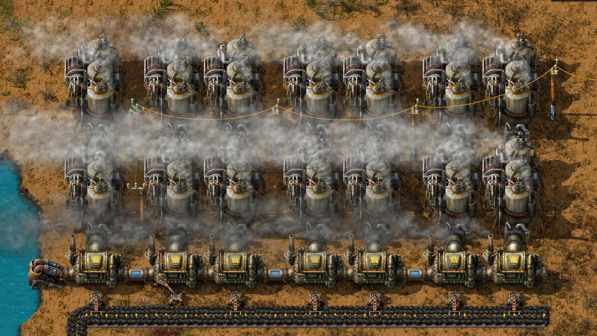 Factorio-ångkraftverk med boilers och steam engines i drift