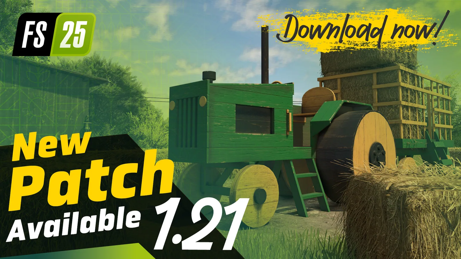 Farming Simulator 25 Patch 1.21 Changelog-Banner mit grünem Traktor und Strohballen
