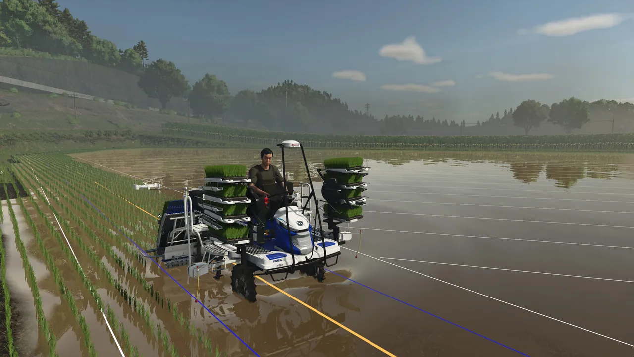 Rice Paddy Transplanter in überflutetem Feld, Sky Agriculture Pack Szene in Farming Simulator 25