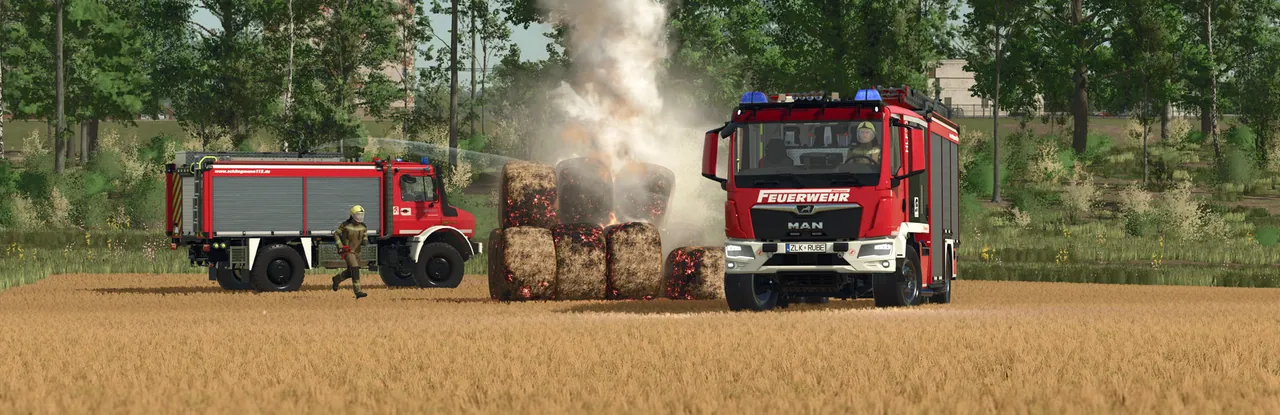 Farming Simulator 25 Emergency Pack: Schlingmann brandbil släcker brinnande balar