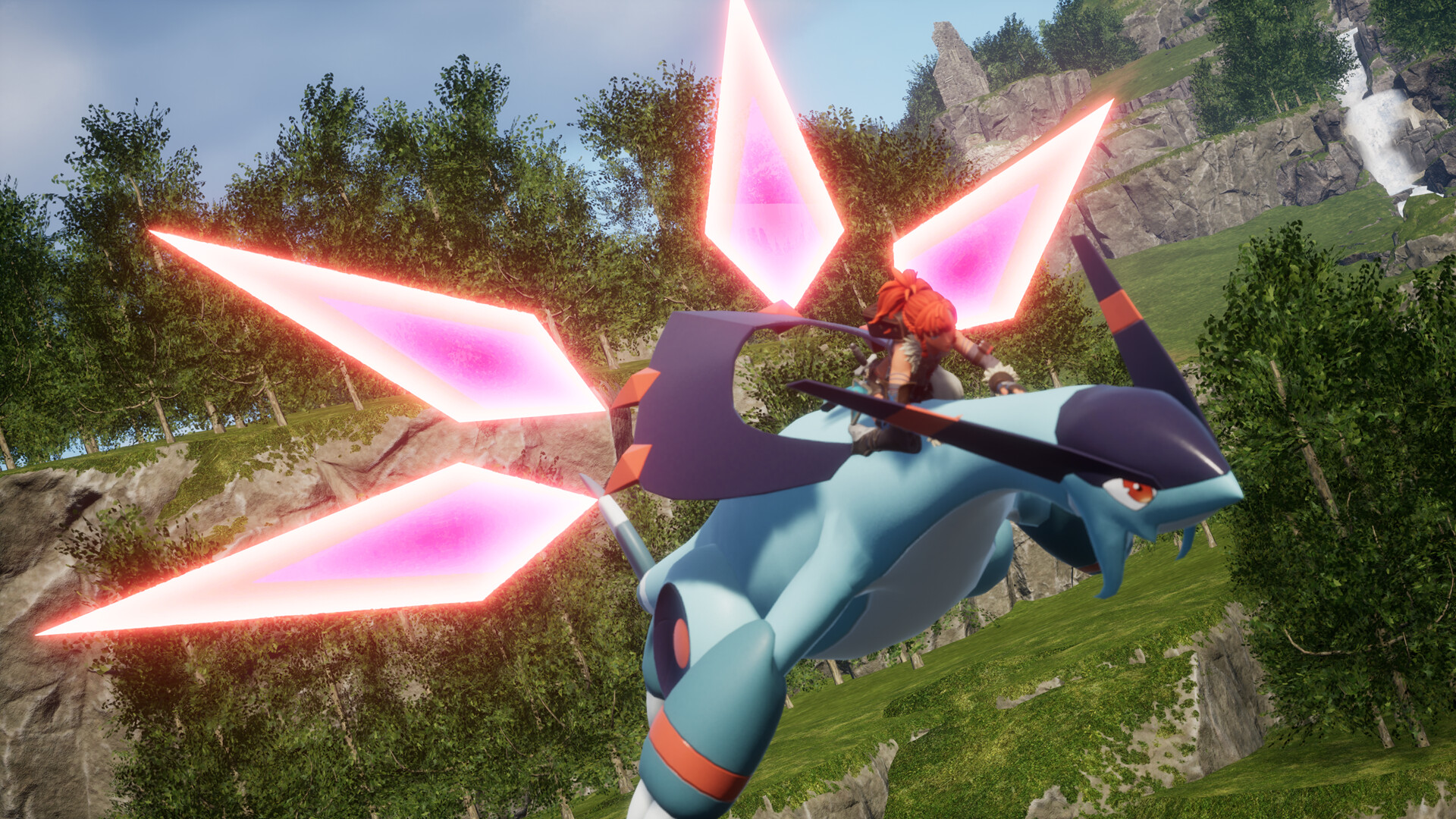 Palworld-spelare rider en flygande Pal — co-op-utforskning på en dedikerad server