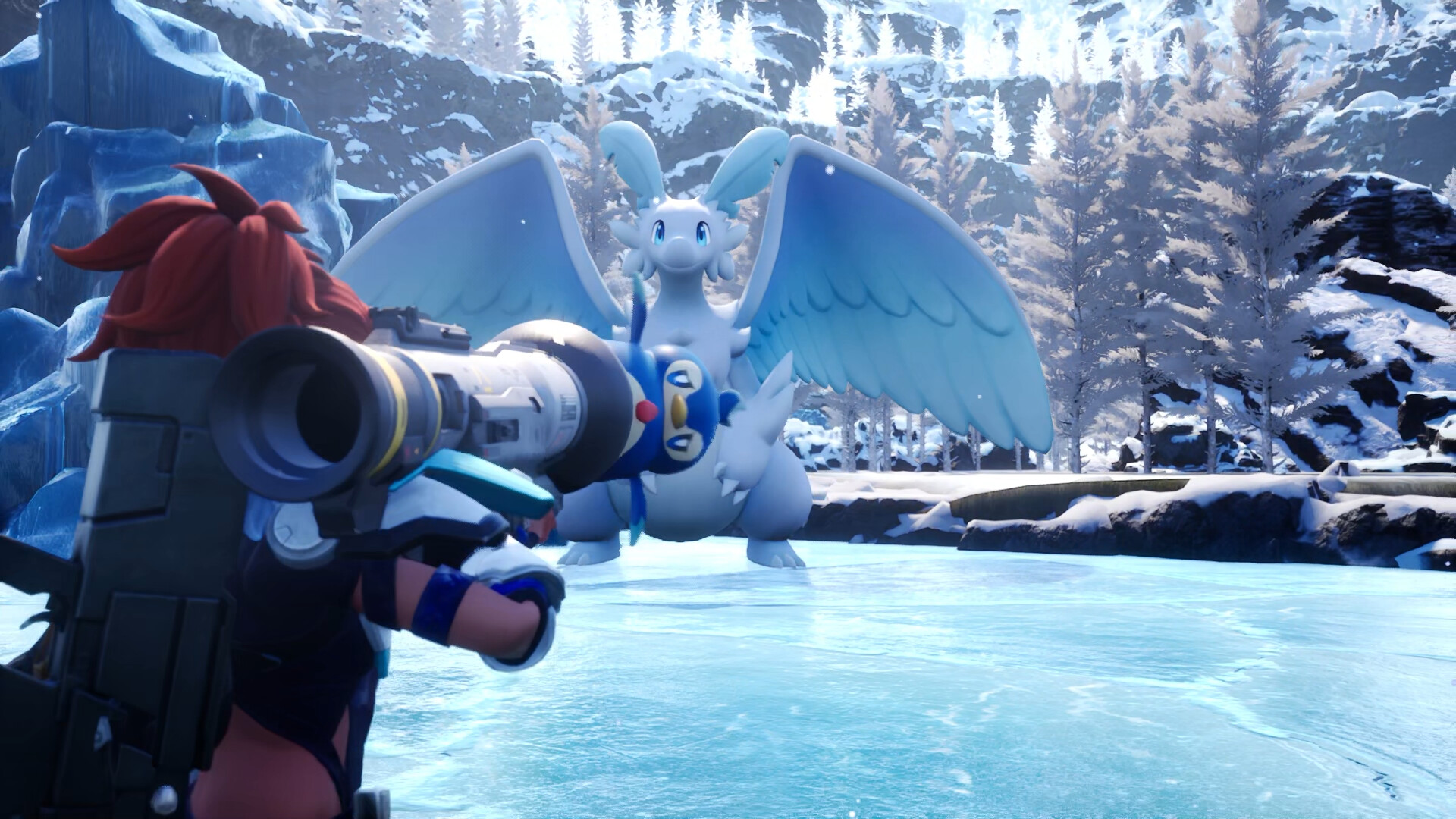 Palworld-spelare utforskar ett isbiom med sin Pal-följeslagare — multiplayer-co-op