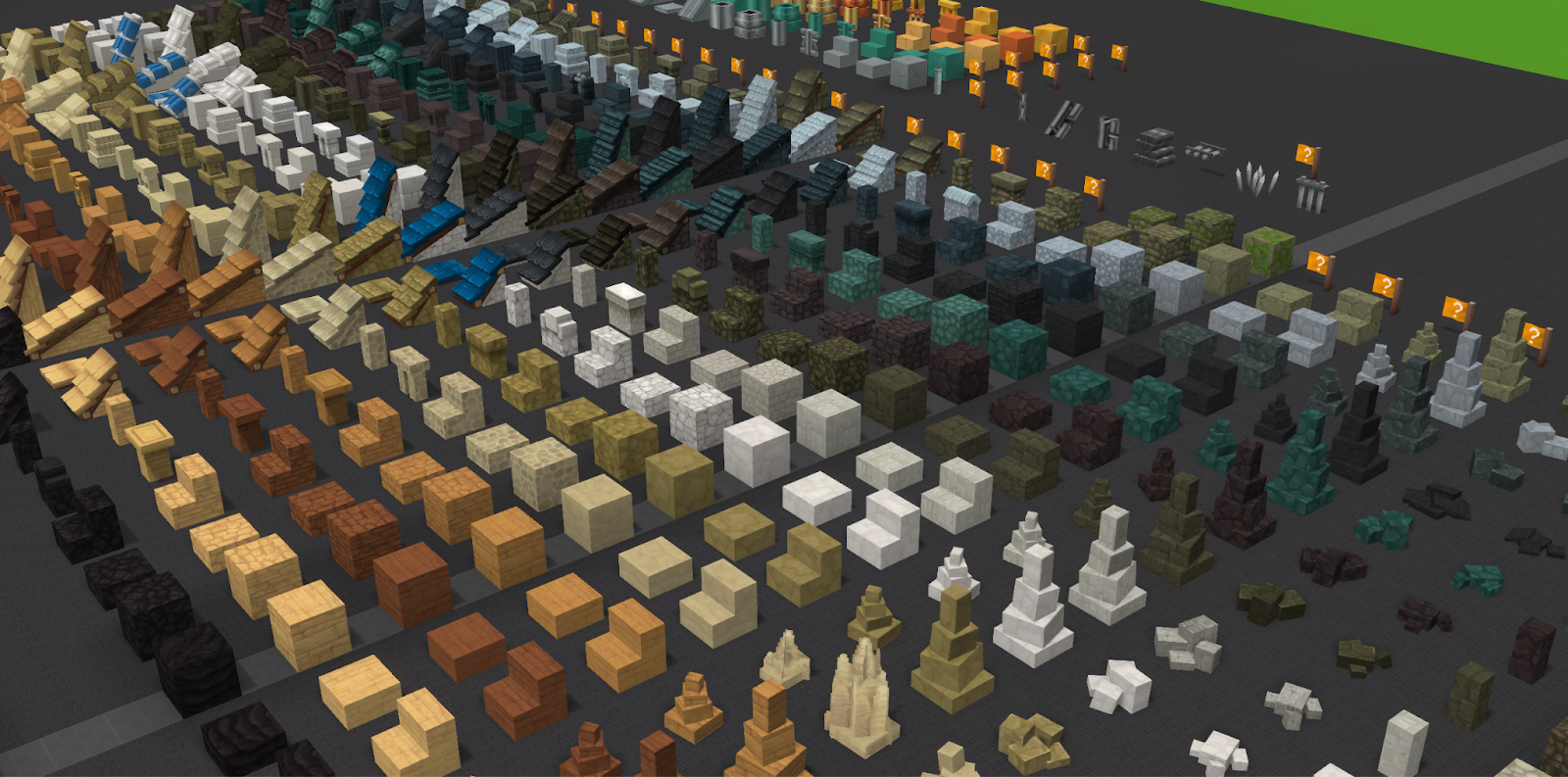 Brett urval av många Hytale-byggklossar i olika biom-färger