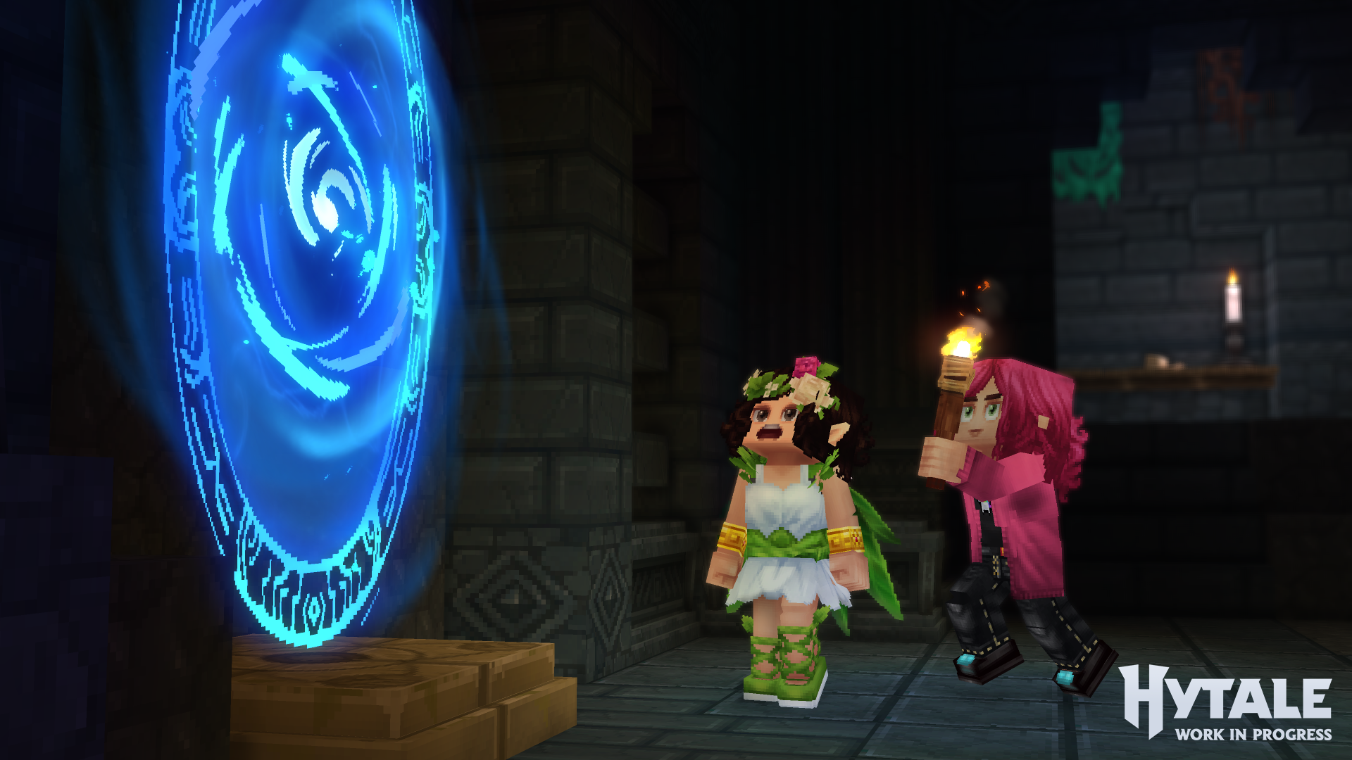 Två Hytale-karaktärer vid en glödande magisk portal