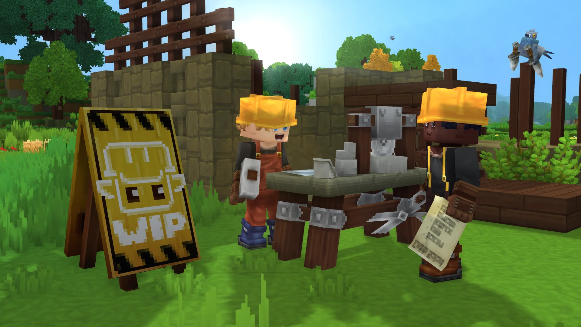 Postacie z Hytale w kaskach wokół tabliczki work in progress