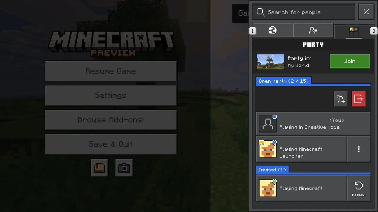 Minecraft Bedrock Party-System-UI mit offener Party und Mitgliedern
