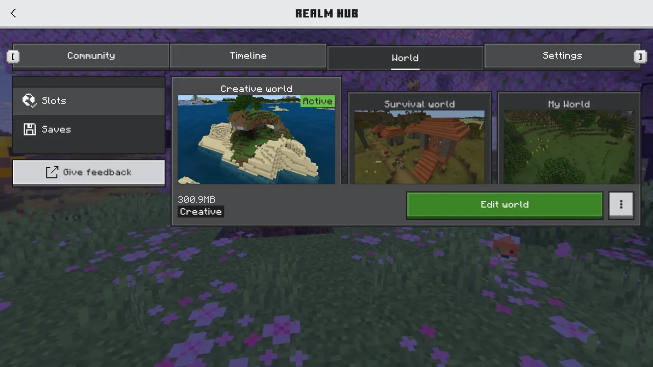 Minecraft Bedrock Realm-Hub-UI mit dem World-Tab und Slot-Verwaltung