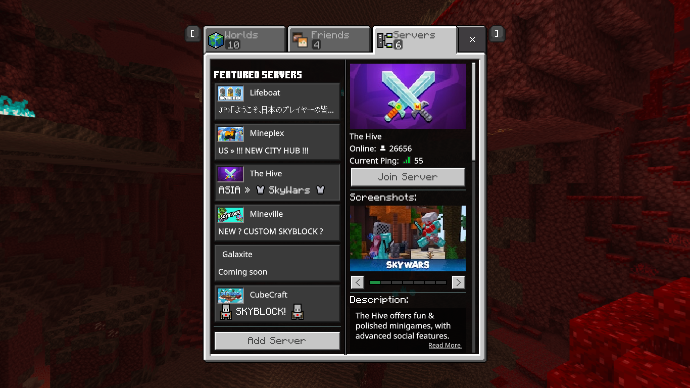 Minecraft Bedrock Edition lista over utvalda servrar med serverdetaljer