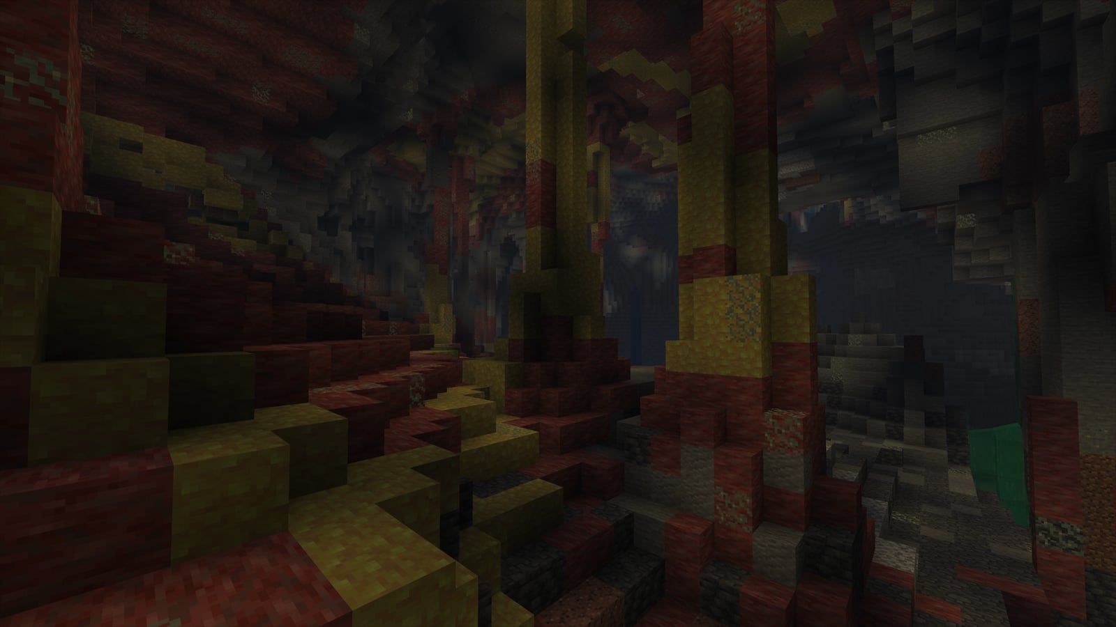 Minecraft Sulfur Caves biome with sulfur and cinnabar columns