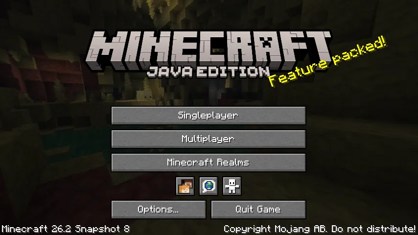 Minecraft 26.2 Snapshot 8 main menu with the Features packed banner