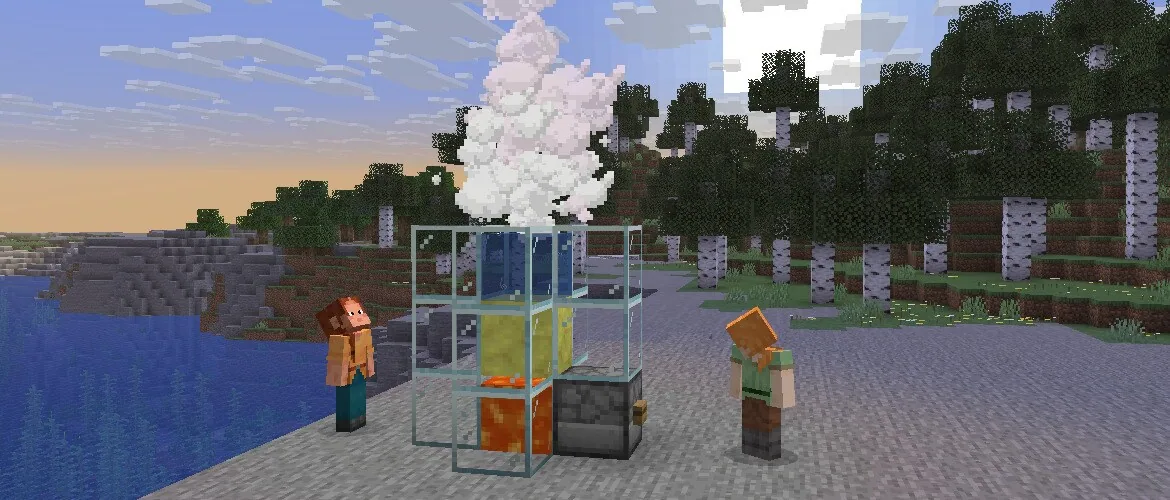 Två spelare står runt en rykande 26.2-konstruktion i en Minecraft-testvärld