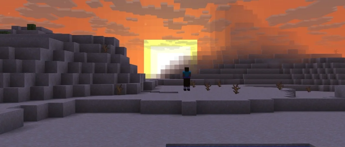 Minecraft 26.4 Snapshot 2: zachód słońca nad kamienną równiną z nową mgłą render distance