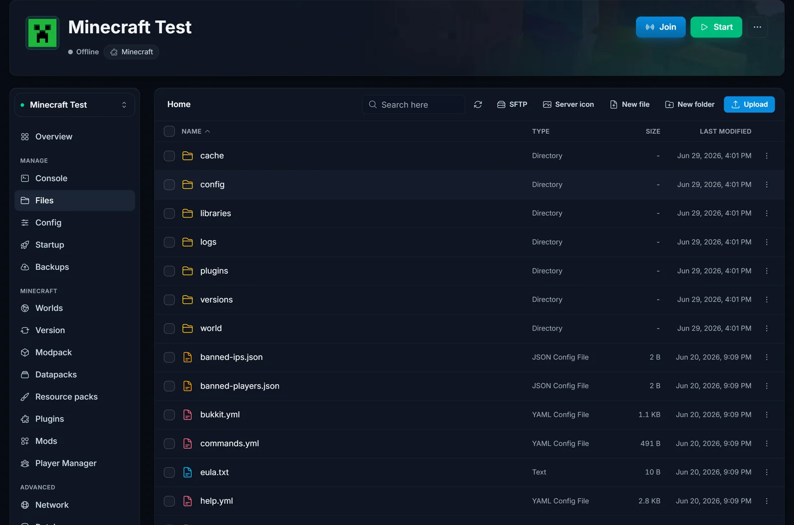 Files-fliken med serverns filsystem