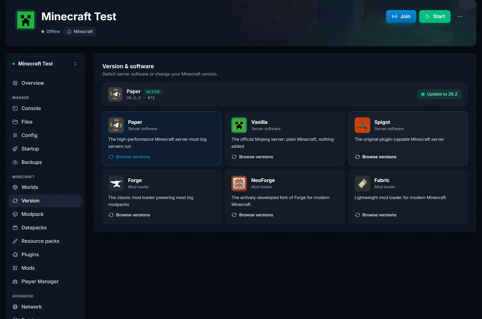 Version-fliken med Paper, Vanilla, Spigot, Forge, NeoForge och Fabric