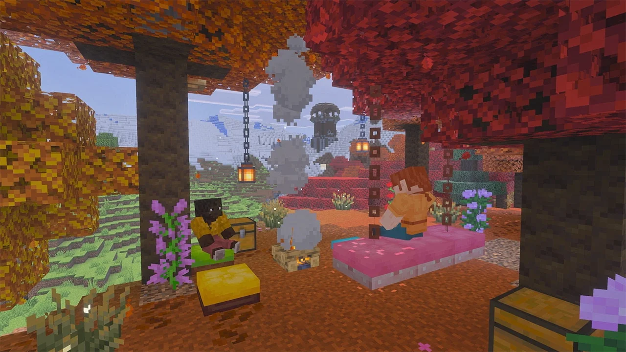 Jesienny obóz z Minecraft Wilderness Bound z poduszkami, słomianymi łóżkami i czerwonymi drzewami