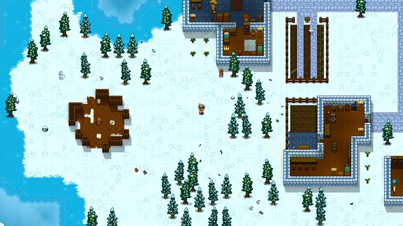 Necesse snow biome with pine forests and a snowed-in cabin