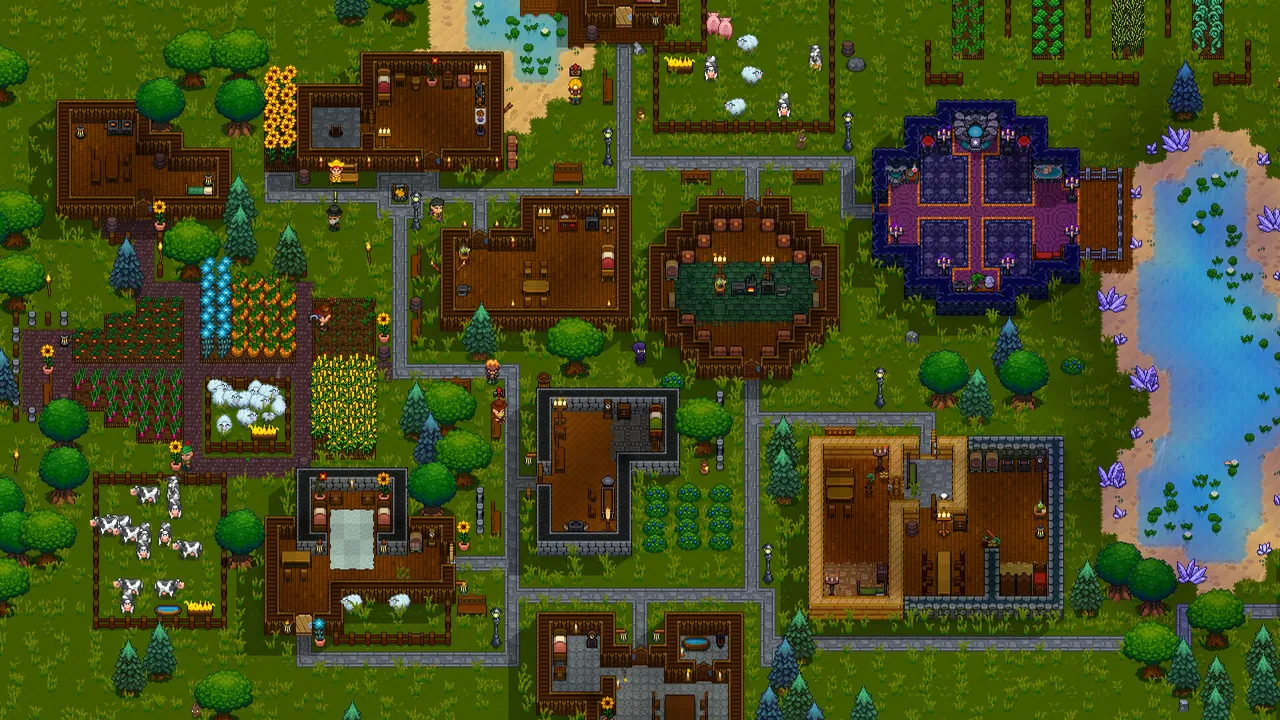 Necesse settlement view with settlers, farms, animals and various buildings